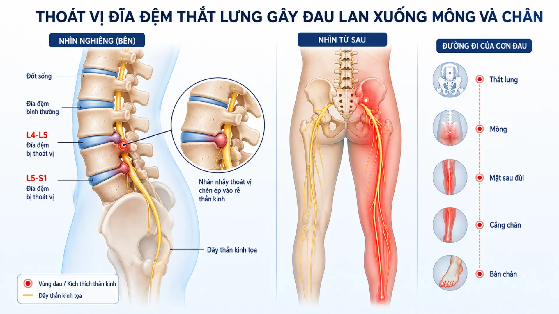 Sơ đồ thoát vị đĩa đệm thắt lưng gây đau lan xuống mông và chân