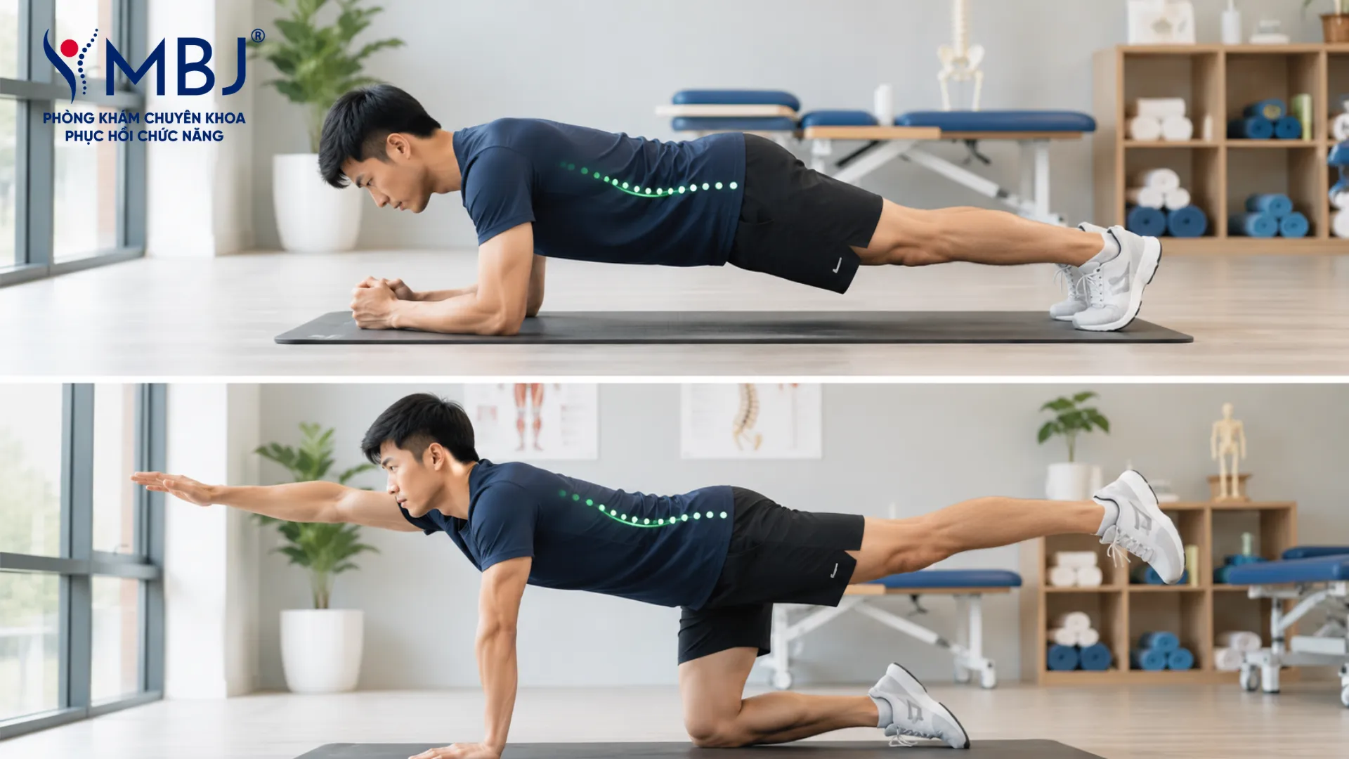 Tư thế plank và bird-dog đúng kỹ thuật giữ cột sống trung tính cho người thoát vị đĩa đệm