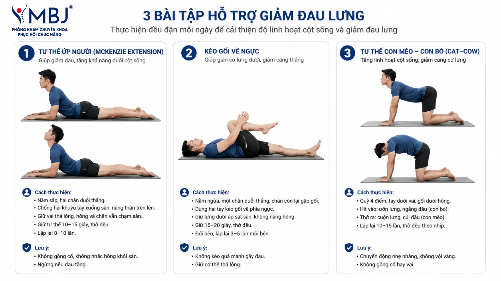 3 bài tập giảm áp lực đĩa đệm tại nhà gồm McKenzie extension, knee-to-chest và cat-cow mobilization