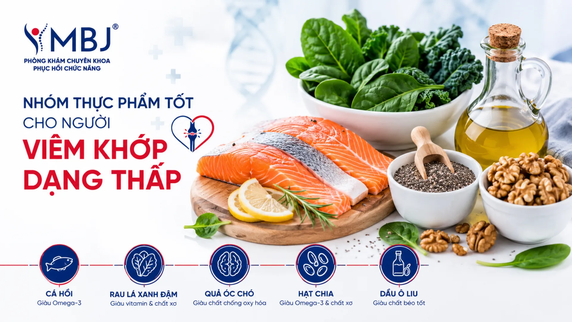 Thực phẩm chống viêm cho người viêm khớp dạng thấp gồm cá hồi, rau xanh, hạt và dầu ô liu