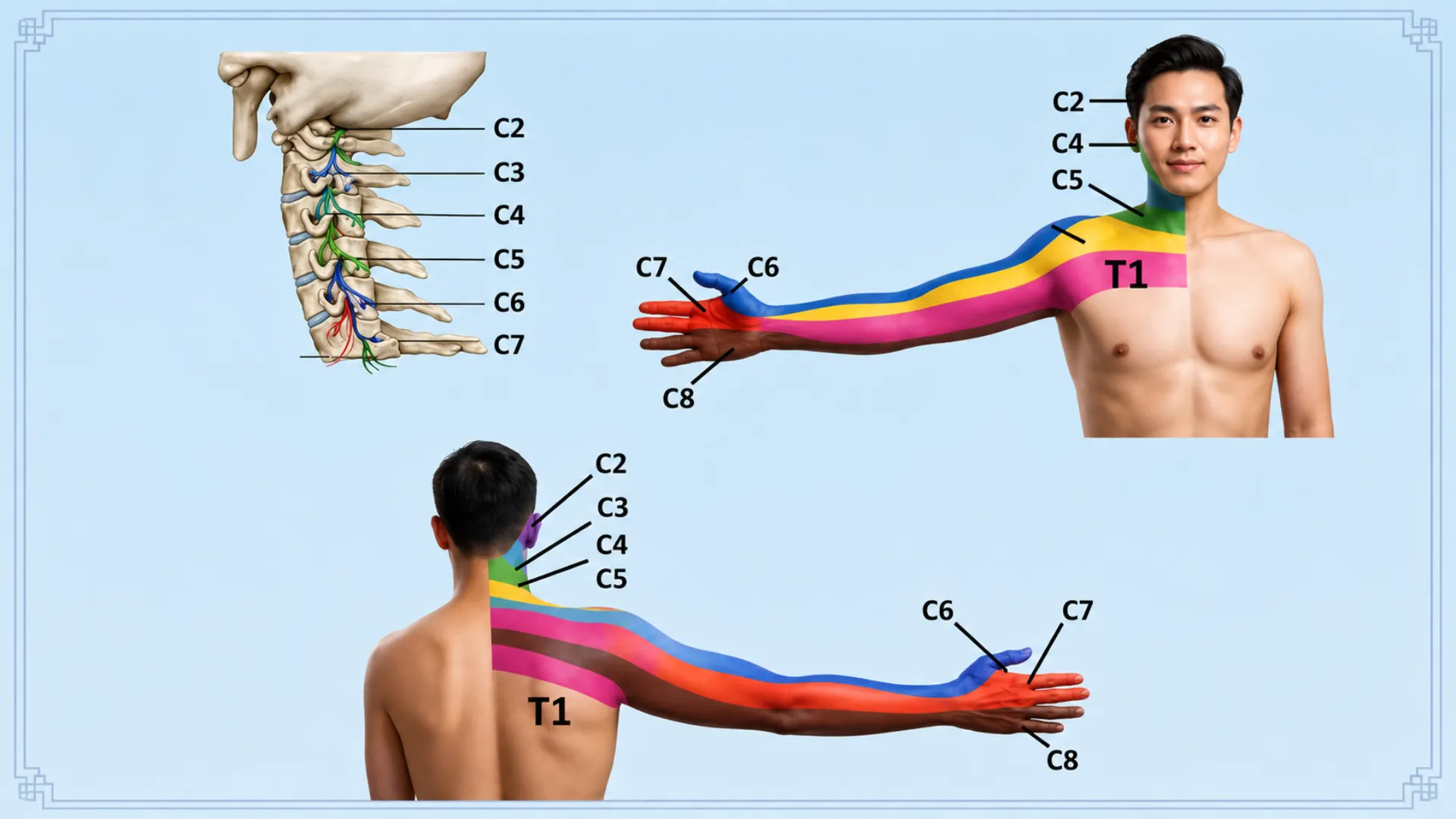 Rễ thần kinh cổ C5 đến C8 chi phối cảm giác cánh tay và bàn tay